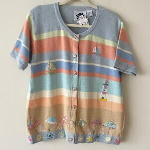 Story Knits Cardigan Sweater Striped Embroidered Details Beach Women size L